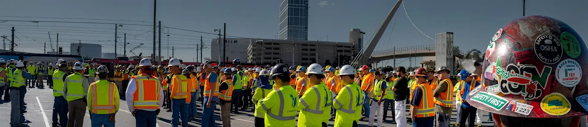 Construction helpers and clean-up crew standing together in field